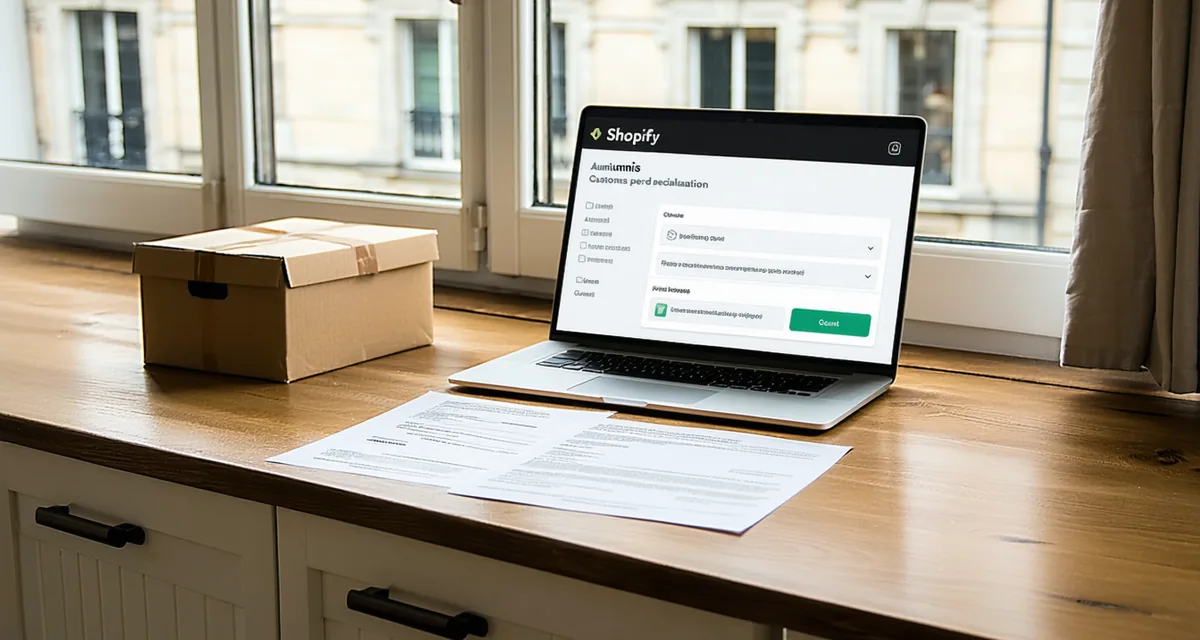 Parisian office setting showing a merchant laptop with Shopify admin and customs paperwork on desk, suggesting the real friction of EU cross-border compliance