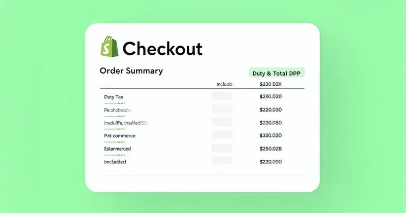 Shopify checkout mockup showing a duty-inclusive total with a green shield badge