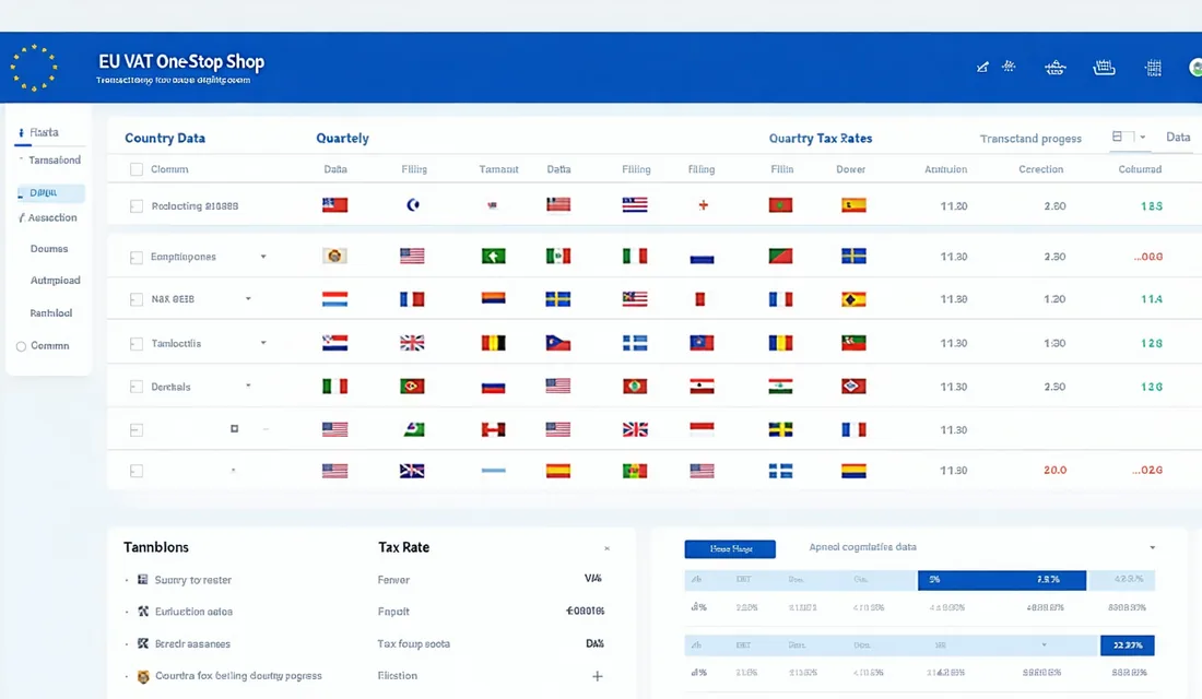 REasy IOSS VAT collection panel showing per-country VAT rates, transaction ledger, and one-stop-shop filing summary