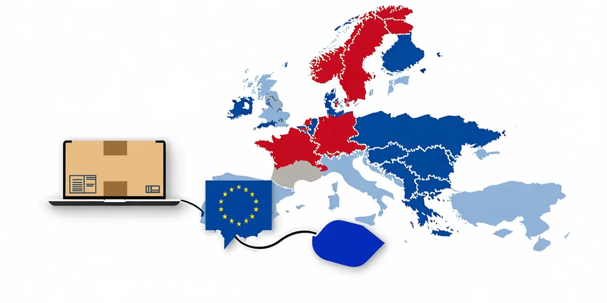 EU cross-border parcel moving from a French warehouse to a German doorstep, representing DDP duty-paid delivery