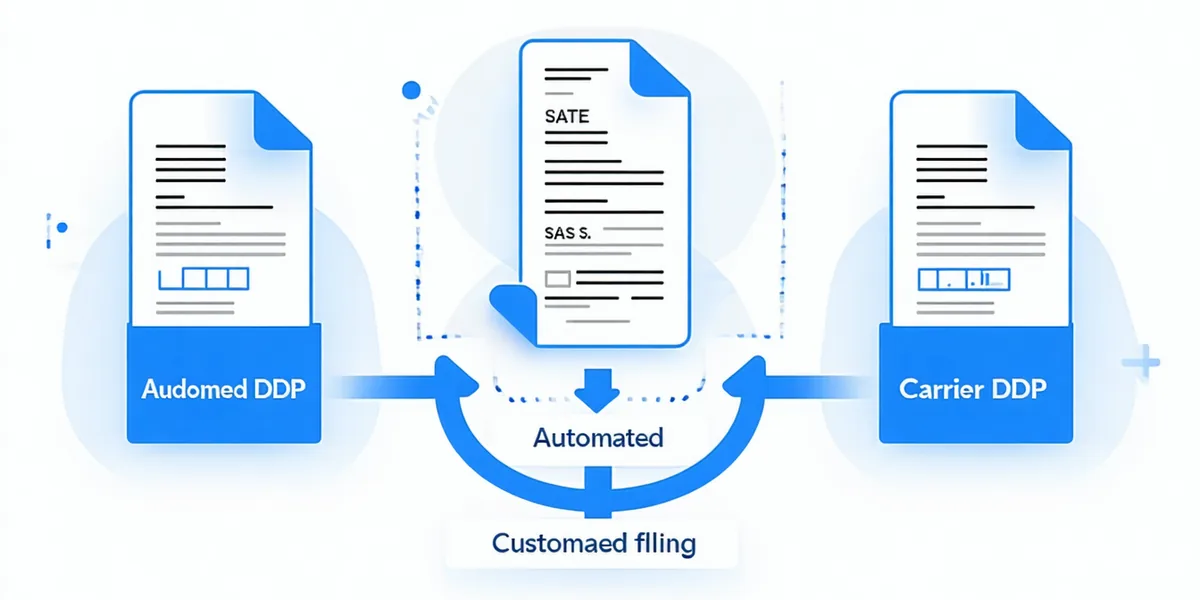 Automated customs declaration workflow showing HS code assignment, commercial invoice generation, and carrier handoff for EU shipments