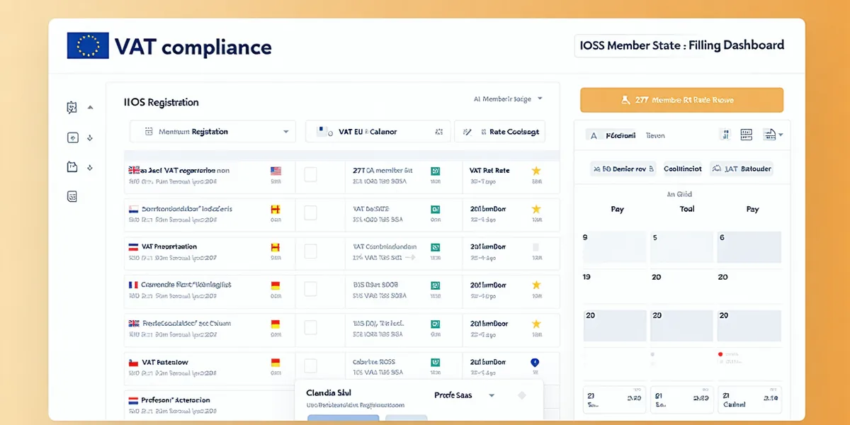 EU VAT compliance dashboard showing IOSS registration status, quarterly OSS filing summary, and automated VAT collection across 27 member states