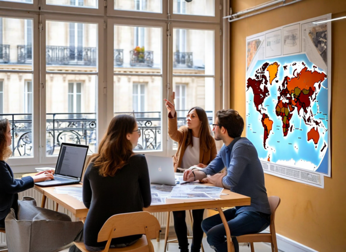 REasy team collaborating in Paris co-working space around a world map