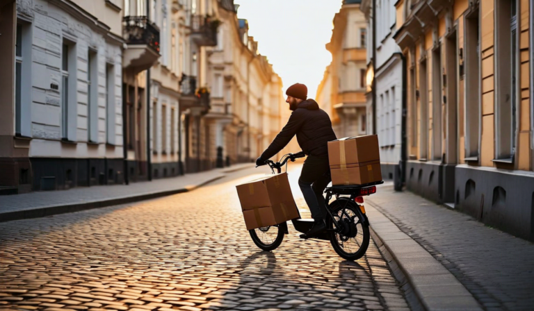 Delivery courier on electric cargo bike in European city street