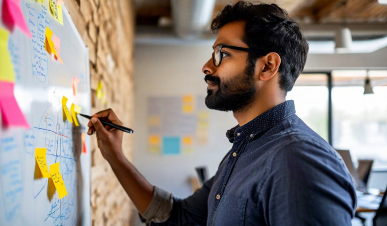 Founder writing on whiteboard in startup office with sticky notes
