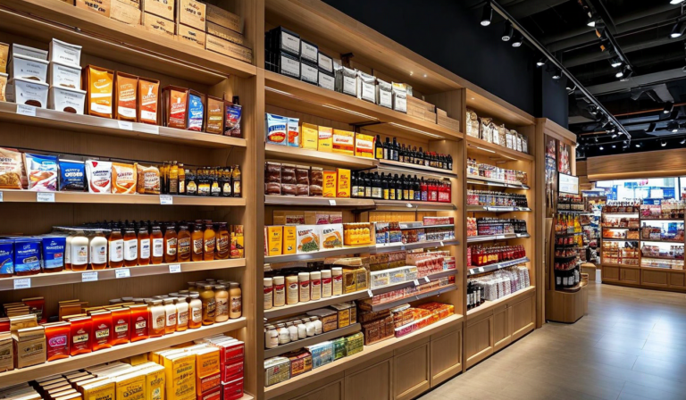 Retail store shelves with products from multiple countries