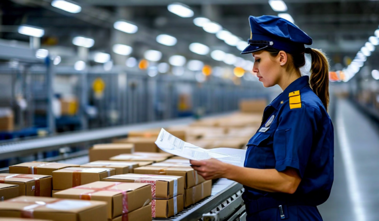 Customs inspector reviewing paperwork at European port