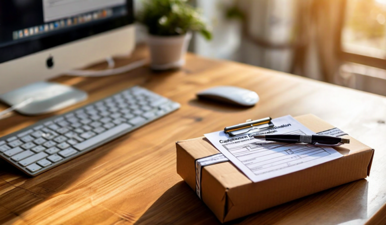 Parcel with customs declaration form on wooden desk