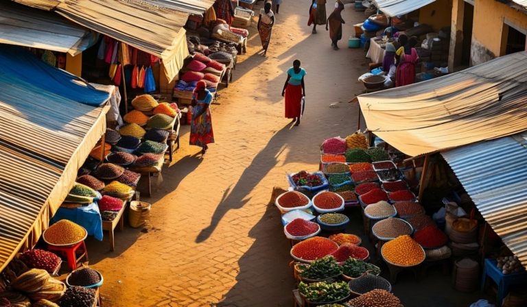 Aerial view of African market with colorful goods