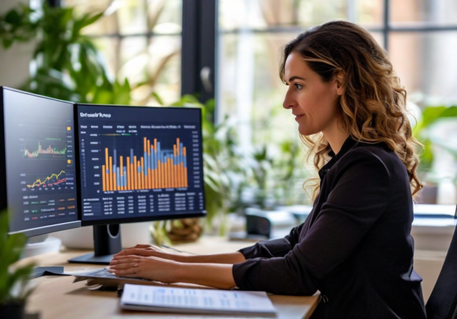 Financial analyst reviewing charts on dual monitors