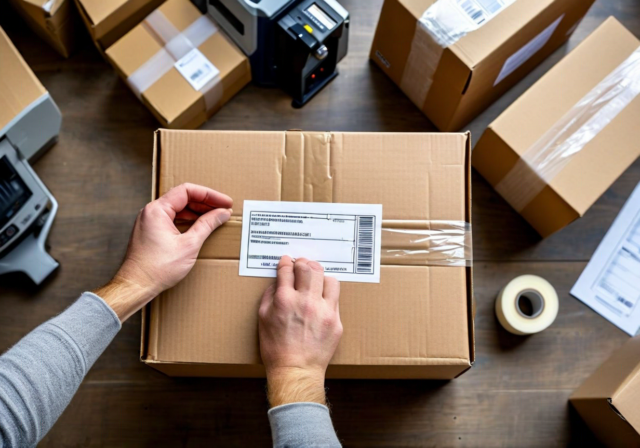 Overhead view of parcel packing on warehouse table