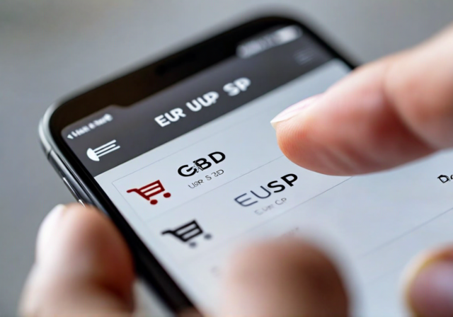 Smartphone showing currency selector checkout interface