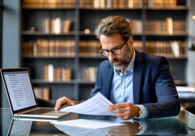 Compliance officer reviewing regulatory documents at desk