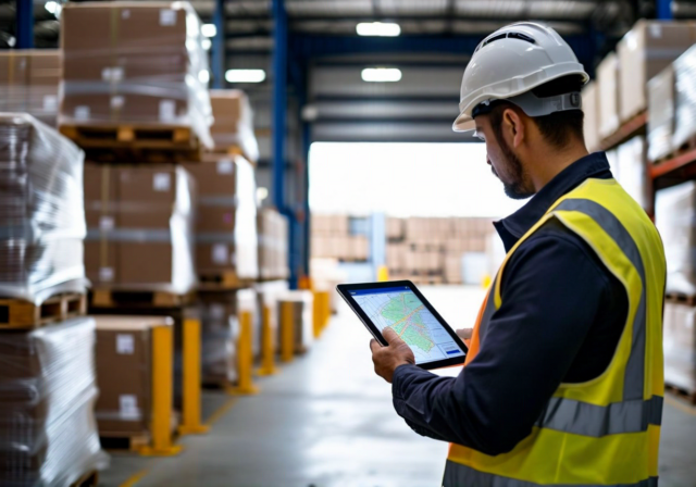 Logistics coordinator reviewing shipment tracking on tablet at warehouse